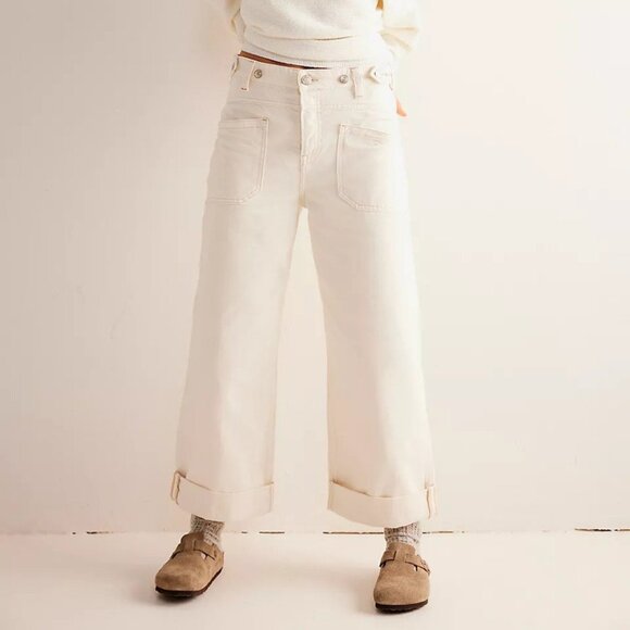Free People Palmer Cuffed Wide Leg Jeans Cream - Picture 1 of 6